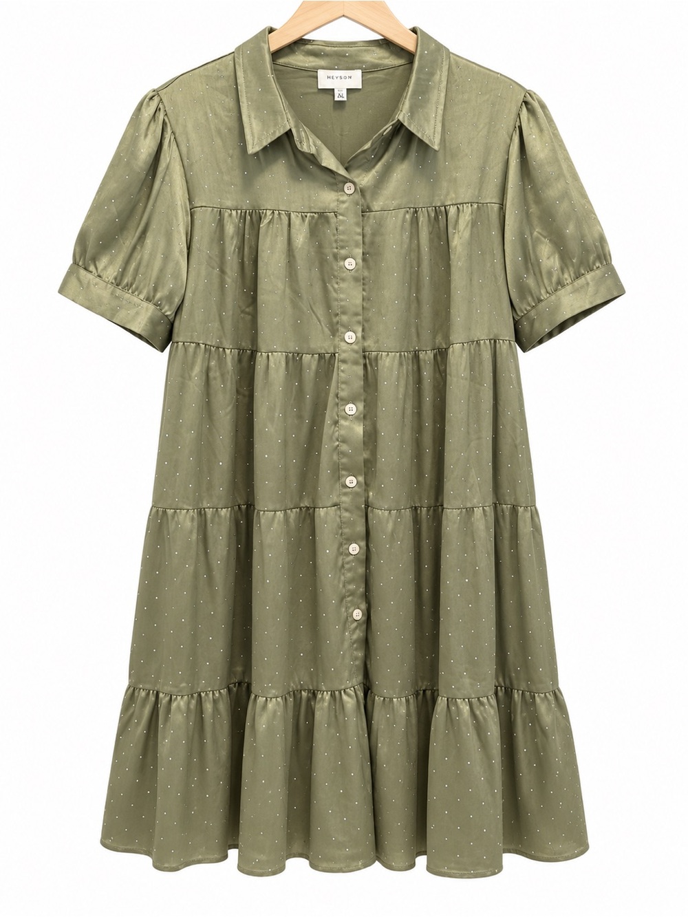 Button-Front Tiered Casual Dress in Olive Green by MANGO